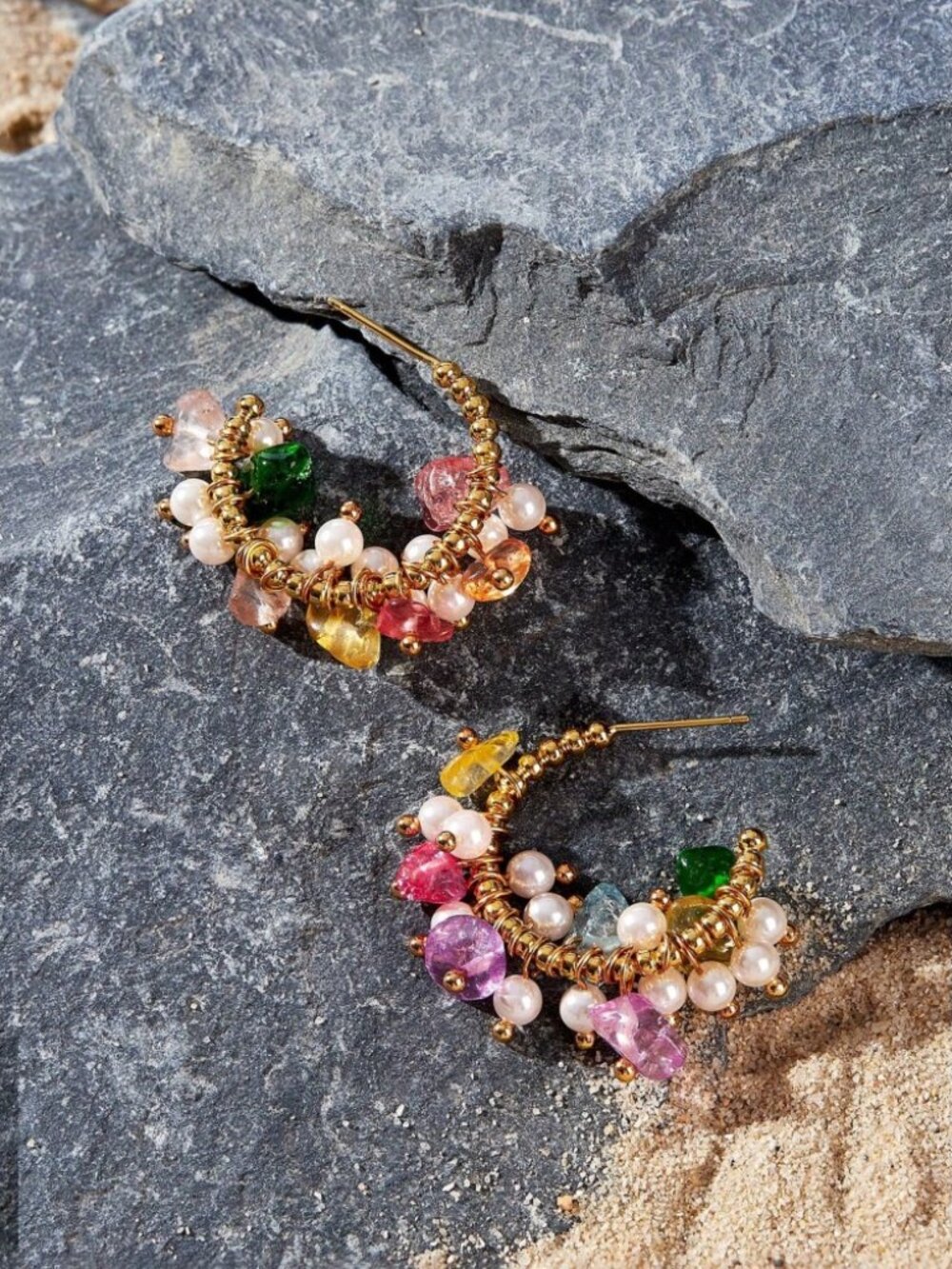 Gold Beaded Multicolor Stone & Pearl Cluster Hoop Earrings